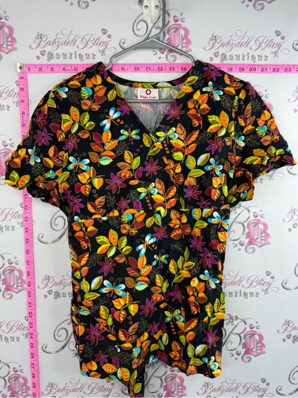 White Cross scrub T-shirt Black Floral Tie-back shirt Blouse Multicolor flowers